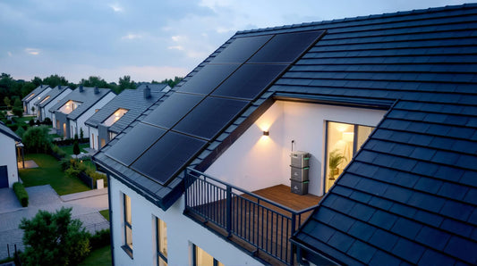 Panneaux solaires en toiture et batterie de stockage sur la terrasse d'une maison, au crépuscule