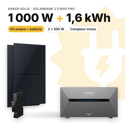 Kit solaire 1 000 W avec batterie Anker SOLIX Solarbank 2 E1600 Pro et compteur Anker SOLIX Smart Meter Gen 2 : 1,6 kWh (visuel indicatif)