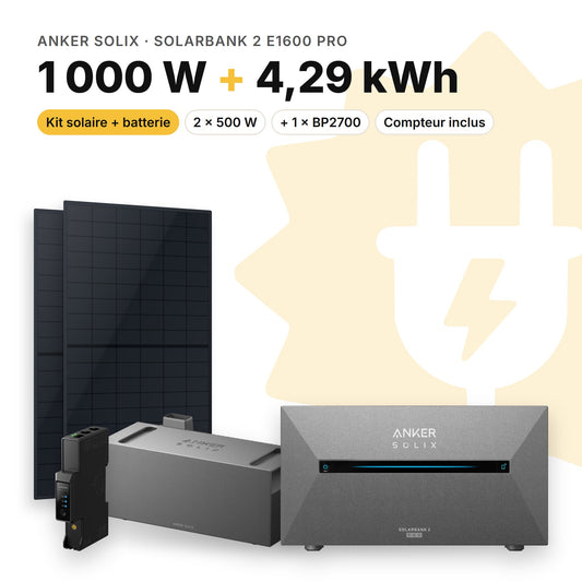 Kit solaire 1 000 W avec batterie Anker SOLIX Solarbank 2 E1600 Pro, 1 × BP2700 et compteur Anker SOLIX Smart Meter Gen 2 : 4,29 kWh (visuel indicatif)