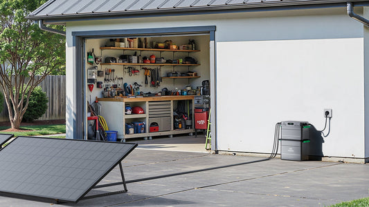 SolarFlow 800 Plus devant un atelier, panneau posé au sol