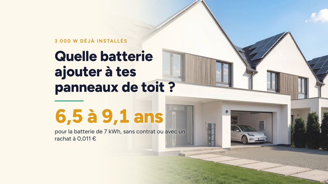 Couverture : Quelle batterie ajouter à tes panneaux de toit ? 6,5 à 9,1 ans pour la batterie de 7 kWh, sans contrat ou avec un rachat à 0,011 €