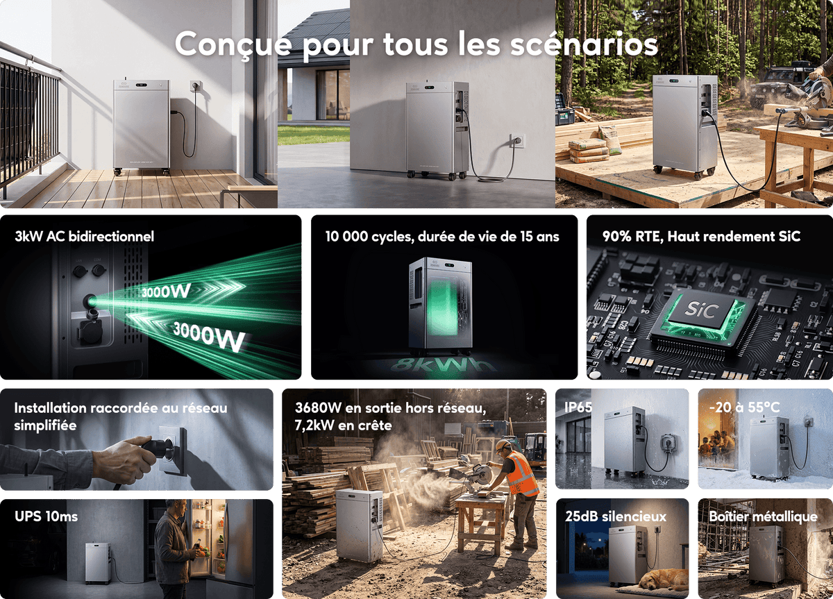 Infographie Zendure SolarFlow 3000 Mix AC+ : la batterie sur un balcon, à l’extérieur d’une maison et sur un chantier. Caractéristiques indiquées : 3 kW AC bidirectionnel ; 10 000 cycles, durée de vie de 15 ans ; 90 % RTE, électronique SiC ; installation raccordée au réseau ; sortie hors réseau 3 680 W, 7,2 kW en crête ; UPS 10 ms ; IP65 ; -20 à 55 °C ; 25 dB ; boîtier métallique.
