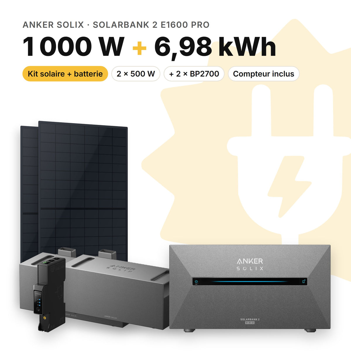 ANKER SOLIX Kit solaire avec batterie Anker SOLIX Solarbank 2 E1600 Pro 1 000 W (2 panneaux) 2 × BP2700 (6,98 kWh au total)
