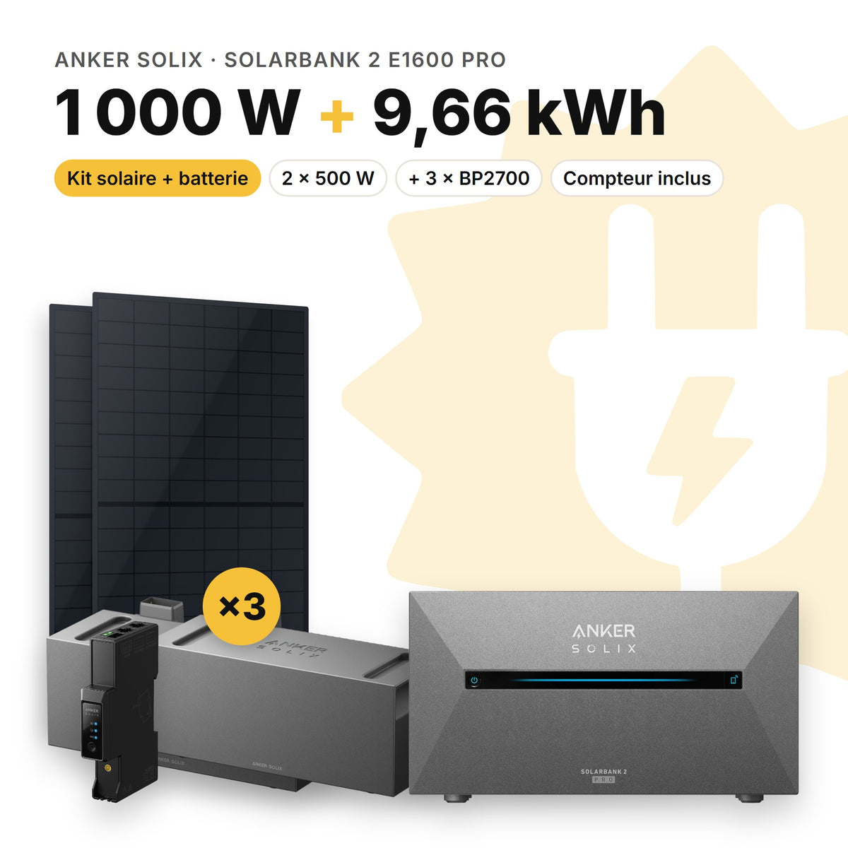 ANKER SOLIX Kit solaire avec batterie Anker SOLIX Solarbank 2 E1600 Pro 1 000 W (2 panneaux) 3 × BP2700 (9,66 kWh au total)