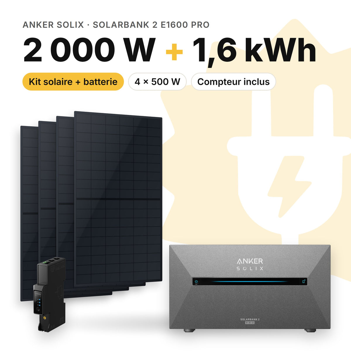 ANKER SOLIX Kit solaire avec batterie Anker SOLIX Solarbank 2 E1600 Pro 2 000 W (4 panneaux) Sans (1,6 kWh au total)