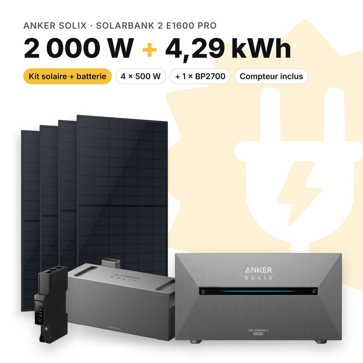 ANKER SOLIX Kit solaire avec batterie Anker SOLIX Solarbank 2 E1600 Pro 2 000 W (4 panneaux) 1 × BP2700 (4,29 kWh au total)