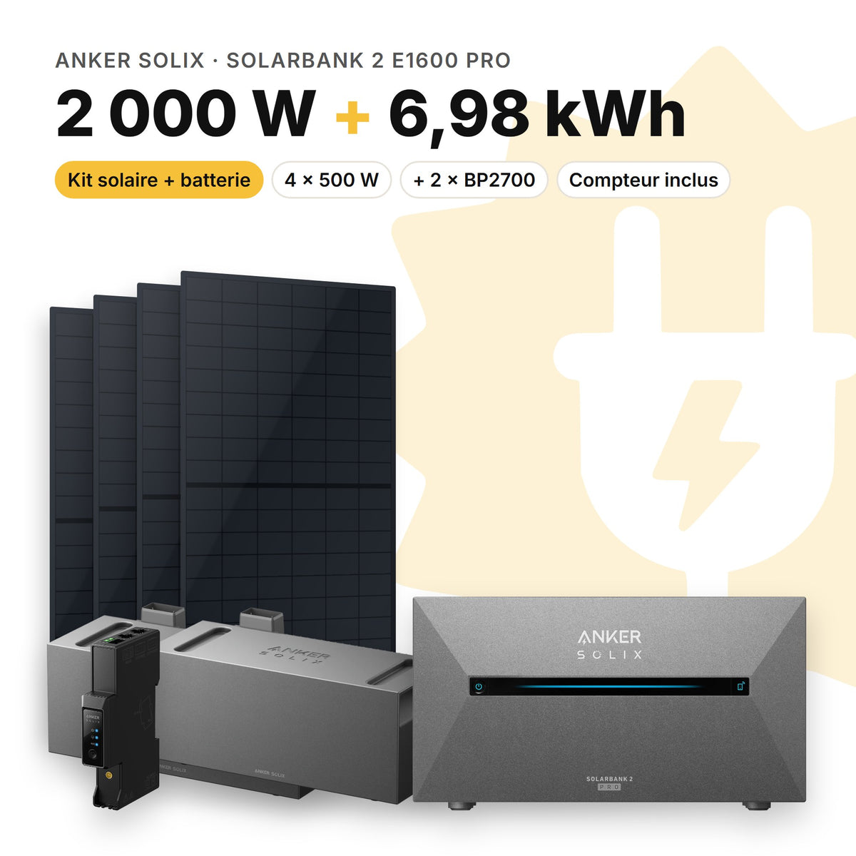 ANKER SOLIX Kit solaire avec batterie Anker SOLIX Solarbank 2 E1600 Pro 2 000 W (4 panneaux) 2 × BP2700 (6,98 kWh au total)