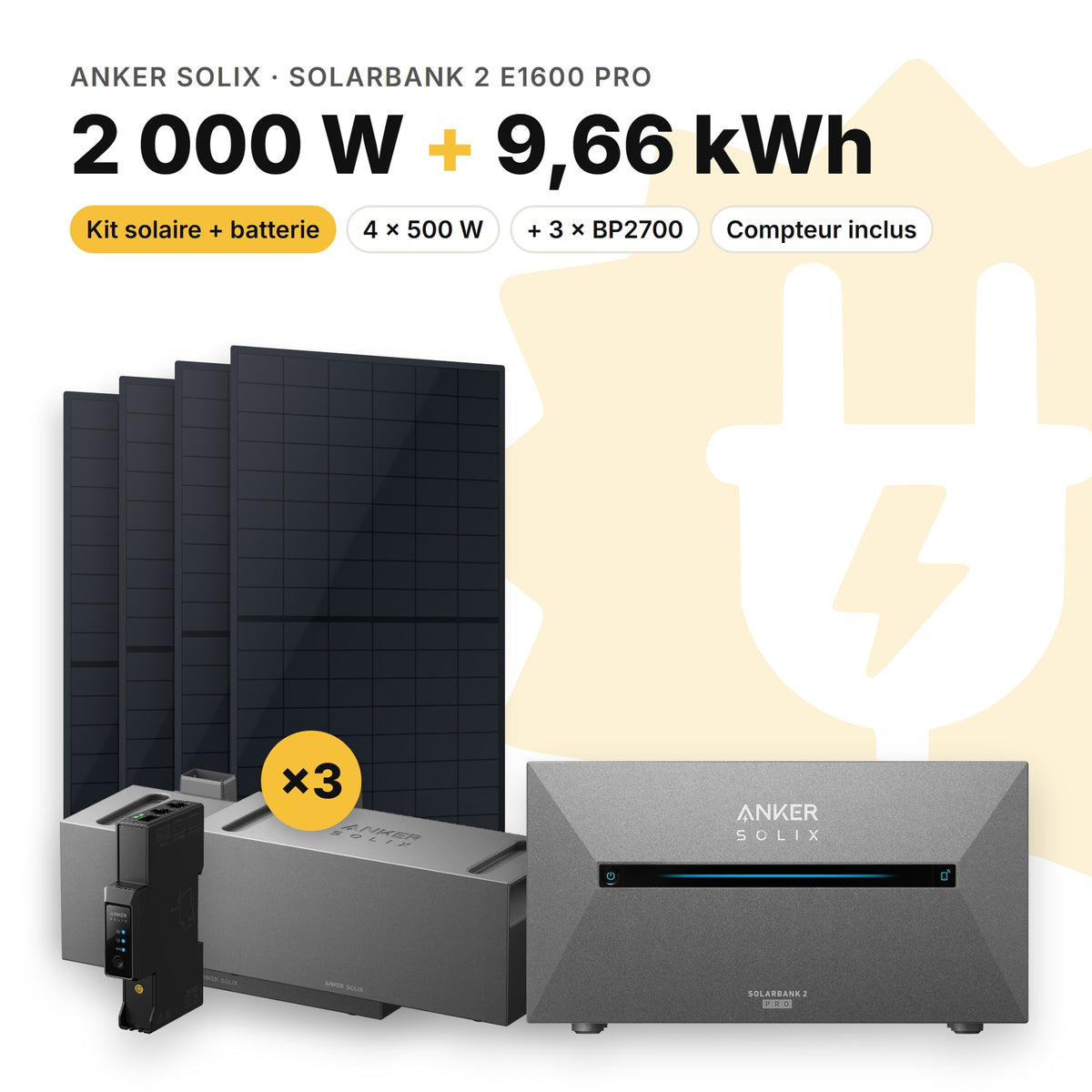 ANKER SOLIX Kit solaire avec batterie Anker SOLIX Solarbank 2 E1600 Pro 2 000 W (4 panneaux) 3 × BP2700 (9,66 kWh au total)