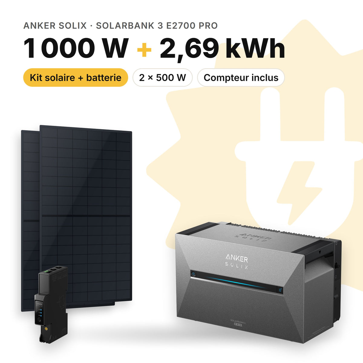 ANKER SOLIX Kit solaire avec batterie Anker SOLIX Solarbank 3 E2700 Pro 1 000 W (2 panneaux) Sans (2,69 kWh au total)