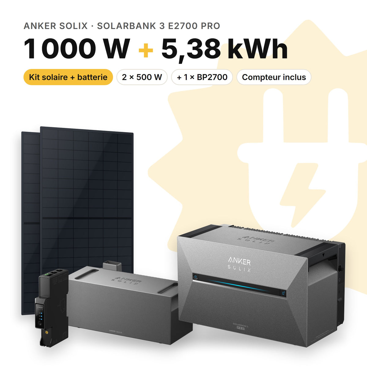 ANKER SOLIX Kit solaire avec batterie Anker SOLIX Solarbank 3 E2700 Pro 1 000 W (2 panneaux) 1 × BP2700 (5,38 kWh au total)