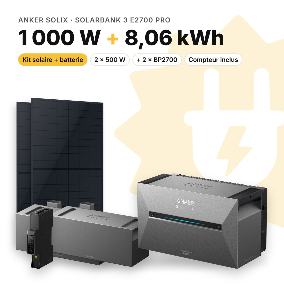 ANKER SOLIX Kit solaire avec batterie Anker SOLIX Solarbank 3 E2700 Pro 1 000 W (2 panneaux) 2 × BP2700 (8,06 kWh au total)