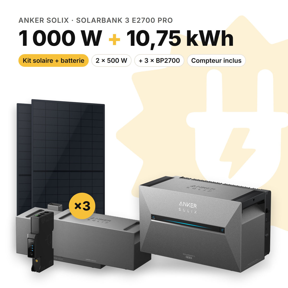 ANKER SOLIX Kit solaire avec batterie Anker SOLIX Solarbank 3 E2700 Pro 1 000 W (2 panneaux) 3 × BP2700 (10,75 kWh au total)