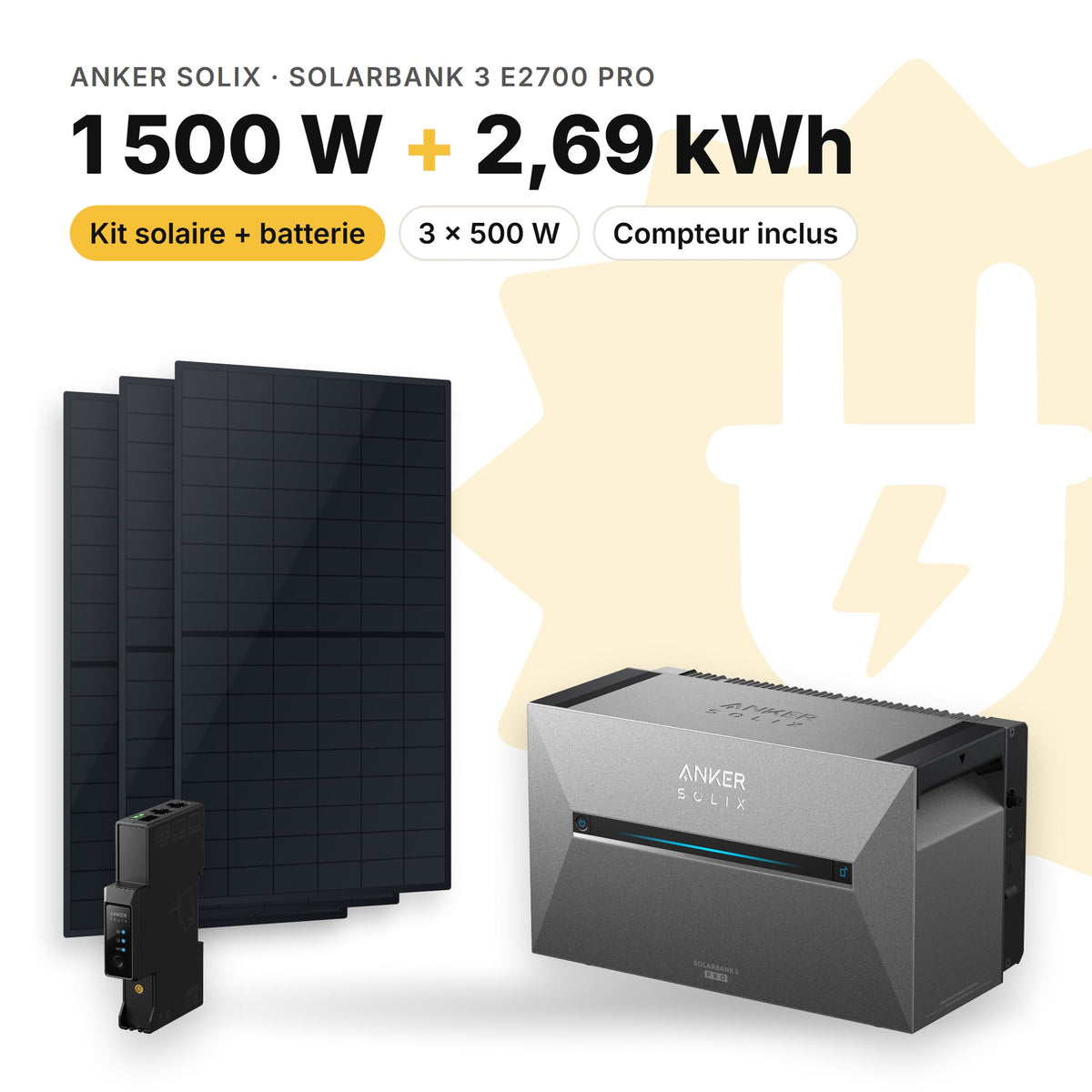 ANKER SOLIX Kit solaire avec batterie Anker SOLIX Solarbank 3 E2700 Pro 1 500 W (3 panneaux) Sans (2,69 kWh au total)