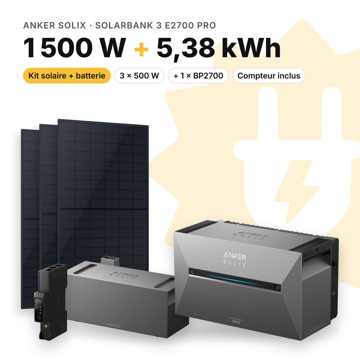 ANKER SOLIX Kit solaire avec batterie Anker SOLIX Solarbank 3 E2700 Pro 1 500 W (3 panneaux) 1 × BP2700 (5,38 kWh au total)