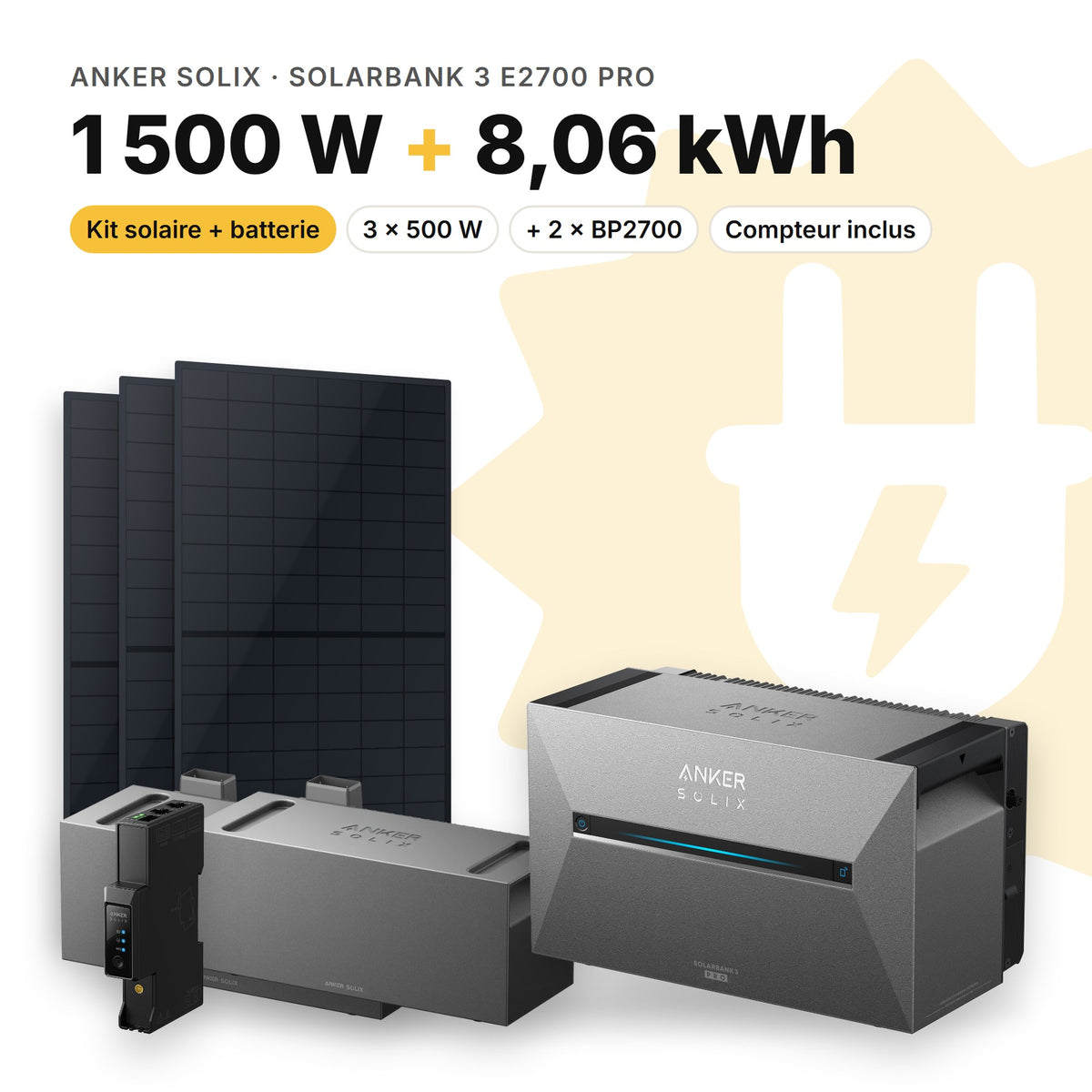 ANKER SOLIX Kit solaire avec batterie Anker SOLIX Solarbank 3 E2700 Pro 1 500 W (3 panneaux) 2 × BP2700 (8,06 kWh au total)