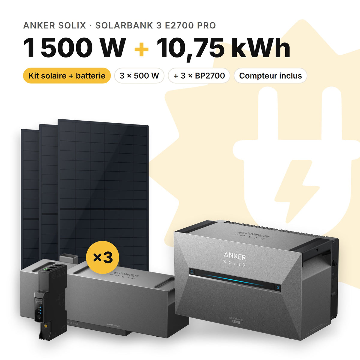 ANKER SOLIX Kit solaire avec batterie Anker SOLIX Solarbank 3 E2700 Pro 1 500 W (3 panneaux) 3 × BP2700 (10,75 kWh au total)