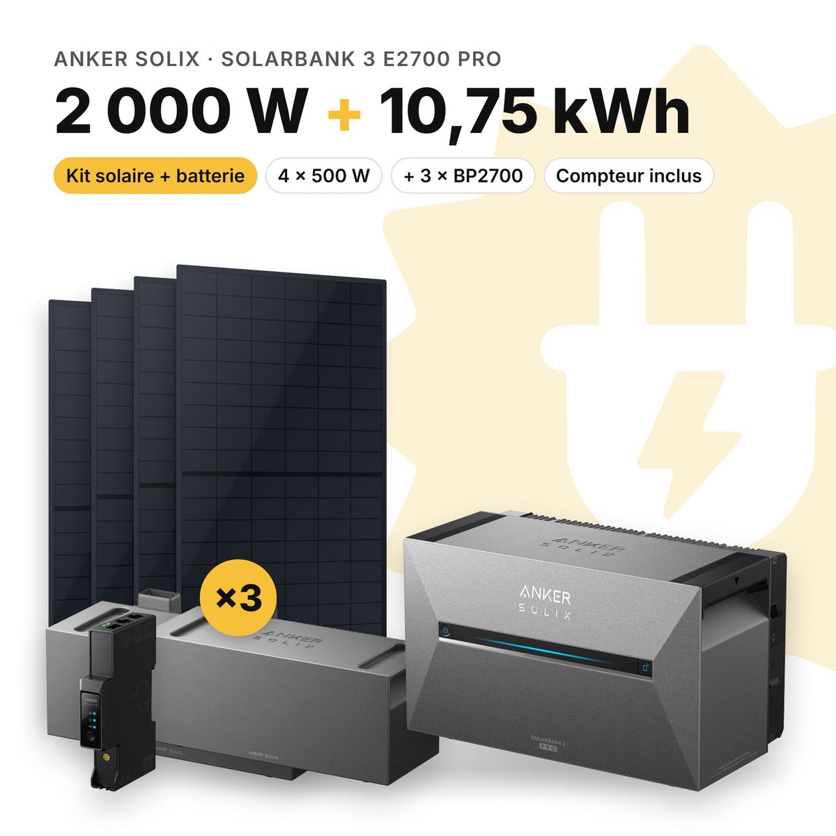 ANKER SOLIX Kit solaire avec batterie Anker SOLIX Solarbank 3 E2700 Pro 2 000 W (4 panneaux) 3 × BP2700 (10,75 kWh au total)