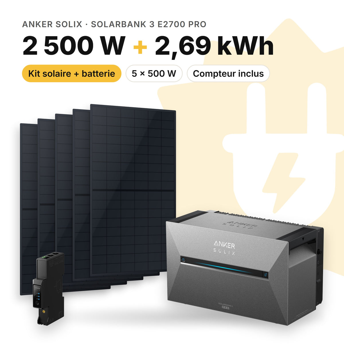 ANKER SOLIX Kit solaire avec batterie Anker SOLIX Solarbank 3 E2700 Pro 2 500 W (5 panneaux) Sans (2,69 kWh au total)