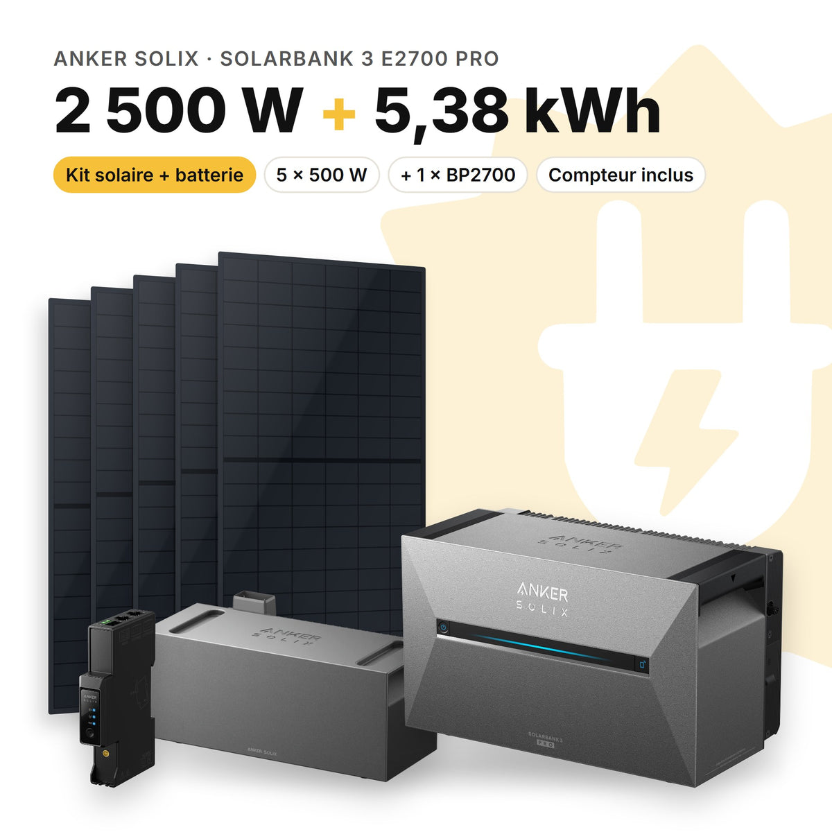 ANKER SOLIX Kit solaire avec batterie Anker SOLIX Solarbank 3 E2700 Pro 2 500 W (5 panneaux) 1 × BP2700 (5,38 kWh au total)