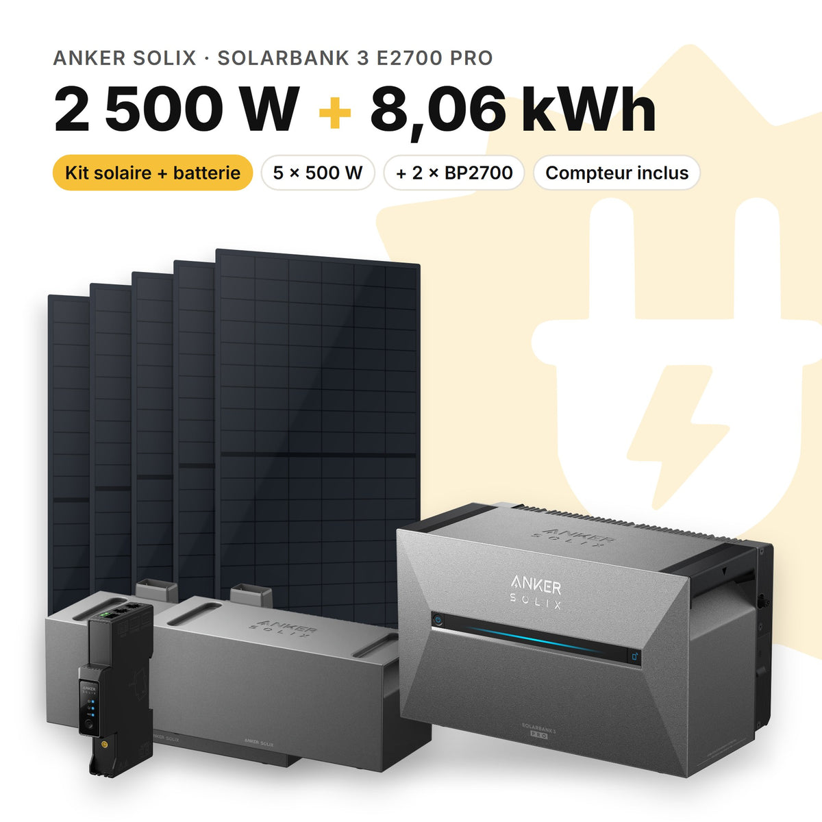 ANKER SOLIX Kit solaire avec batterie Anker SOLIX Solarbank 3 E2700 Pro 2 500 W (5 panneaux) 2 × BP2700 (8,06 kWh au total)