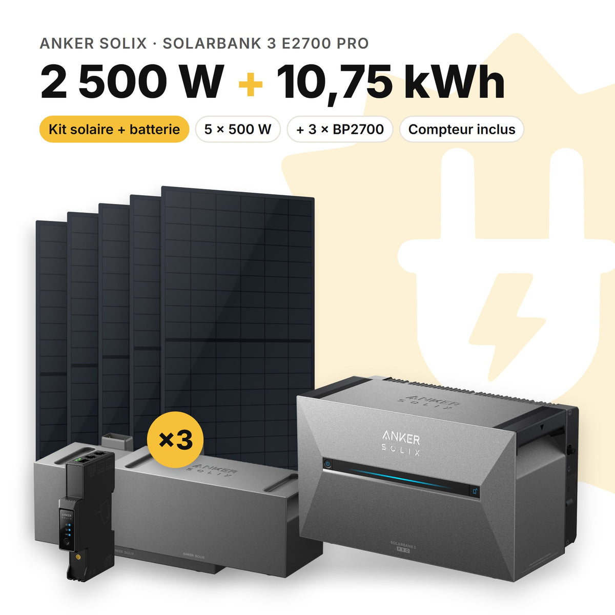 ANKER SOLIX Kit solaire avec batterie Anker SOLIX Solarbank 3 E2700 Pro 2 500 W (5 panneaux) 3 × BP2700 (10,75 kWh au total)