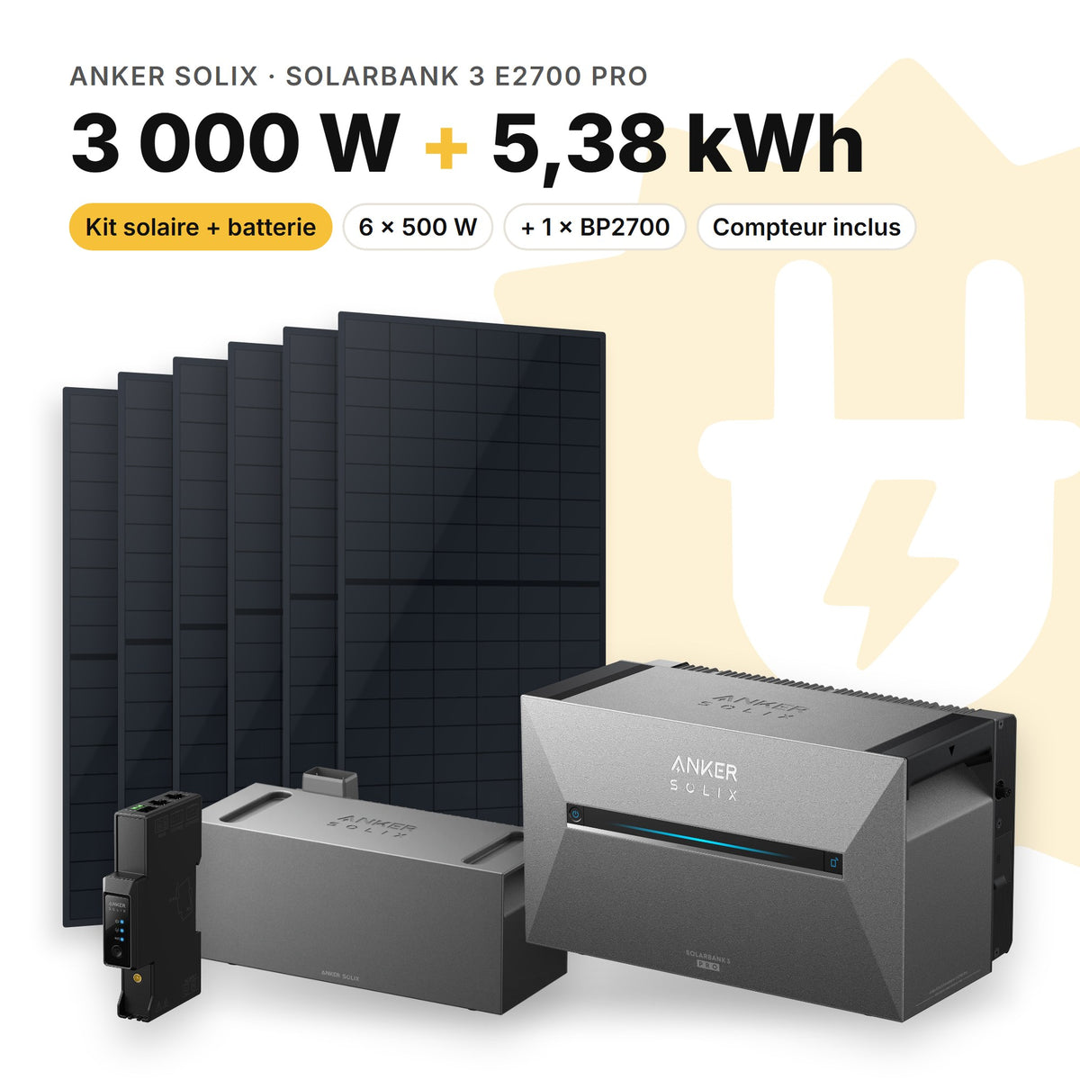 ANKER SOLIX Kit solaire avec batterie Anker SOLIX Solarbank 3 E2700 Pro 3 000 W (6 panneaux) 1 × BP2700 (5,38 kWh au total)