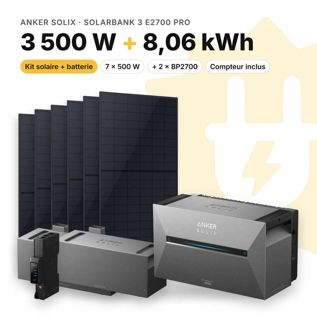 ANKER SOLIX Kit solaire avec batterie Anker SOLIX Solarbank 3 E2700 Pro 3 500 W (7 panneaux) 2 × BP2700 (8,06 kWh au total)