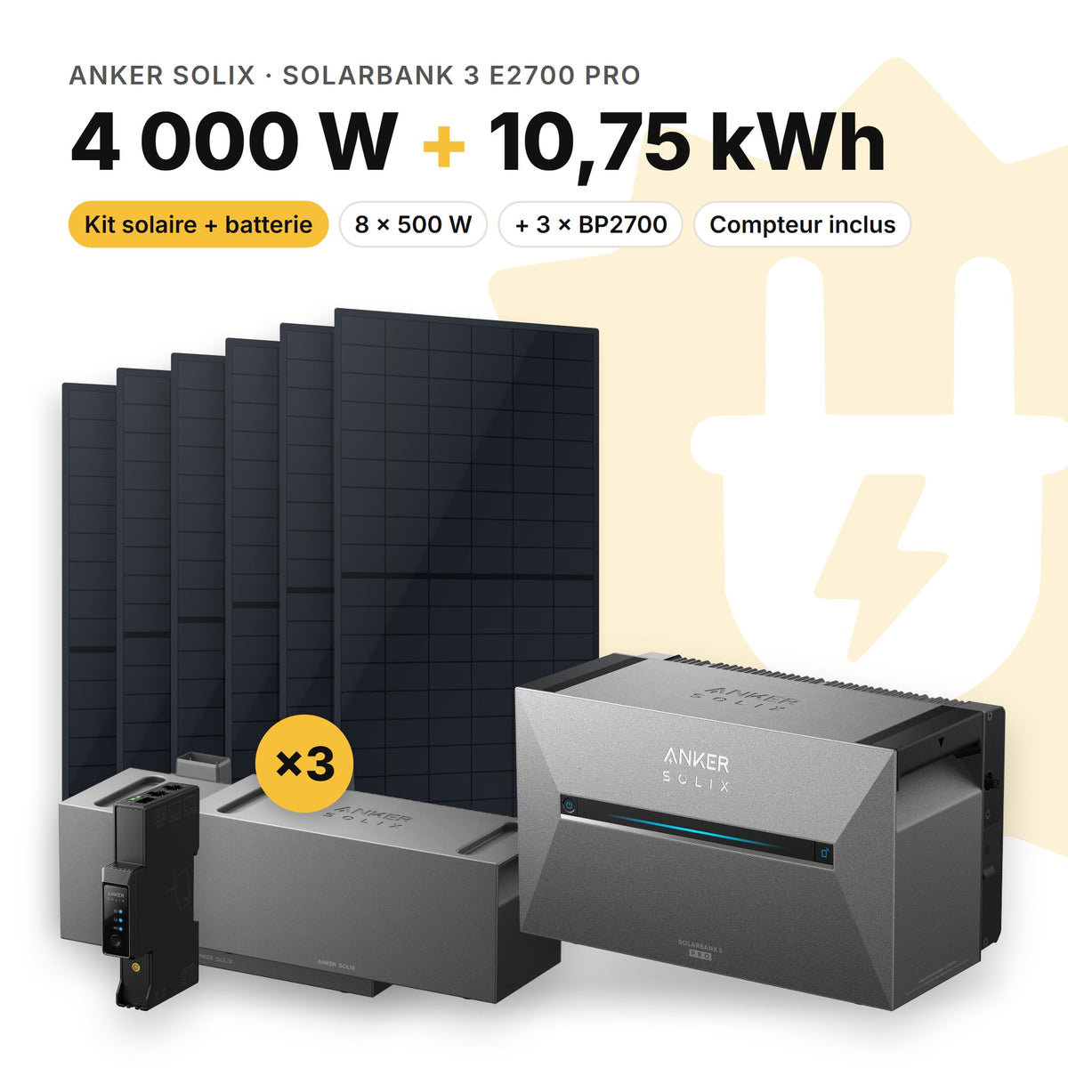 ANKER SOLIX Kit solaire avec batterie Anker SOLIX Solarbank 3 E2700 Pro 4 000 W (8 panneaux) 3 × BP2700 (10,75 kWh au total)