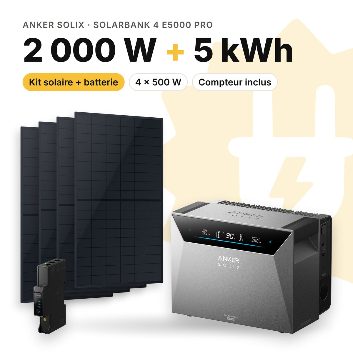 ANKER SOLIX Kit solaire avec batterie Anker SOLIX Solarbank 4 E5000 Pro 2 000 W (4 panneaux) Sans (5 kWh au total)