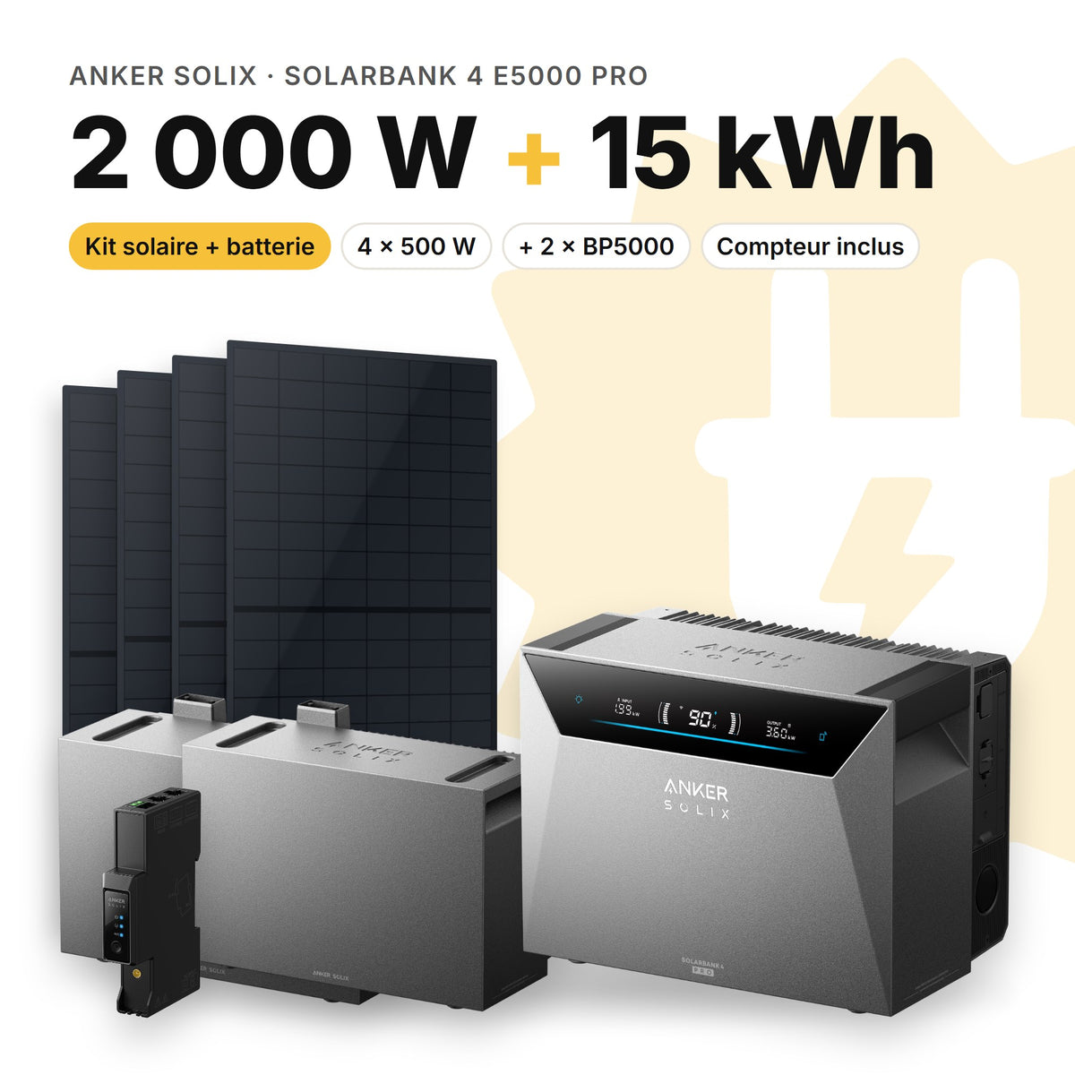 ANKER SOLIX Kit solaire avec batterie Anker SOLIX Solarbank 4 E5000 Pro 2 000 W (4 panneaux) 2 × BP5000 (15 kWh au total)