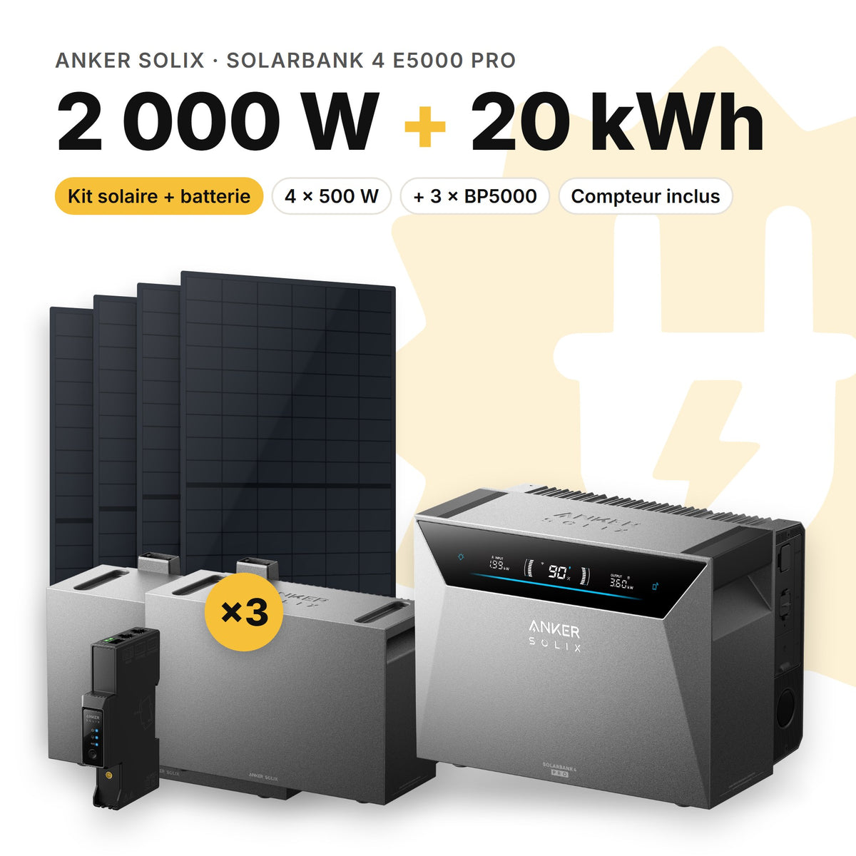ANKER SOLIX Kit solaire avec batterie Anker SOLIX Solarbank 4 E5000 Pro 2 000 W (4 panneaux) 3 × BP5000 (20 kWh au total)