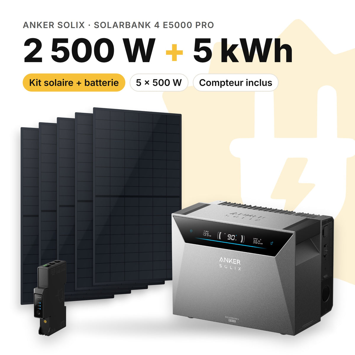 ANKER SOLIX Kit solaire avec batterie Anker SOLIX Solarbank 4 E5000 Pro 2 500 W (5 panneaux) Sans (5 kWh au total)