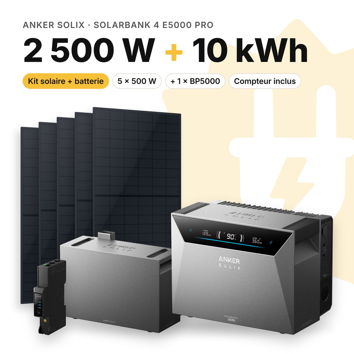 ANKER SOLIX Kit solaire avec batterie Anker SOLIX Solarbank 4 E5000 Pro 2 500 W (5 panneaux) 1 × BP5000 (10 kWh au total)