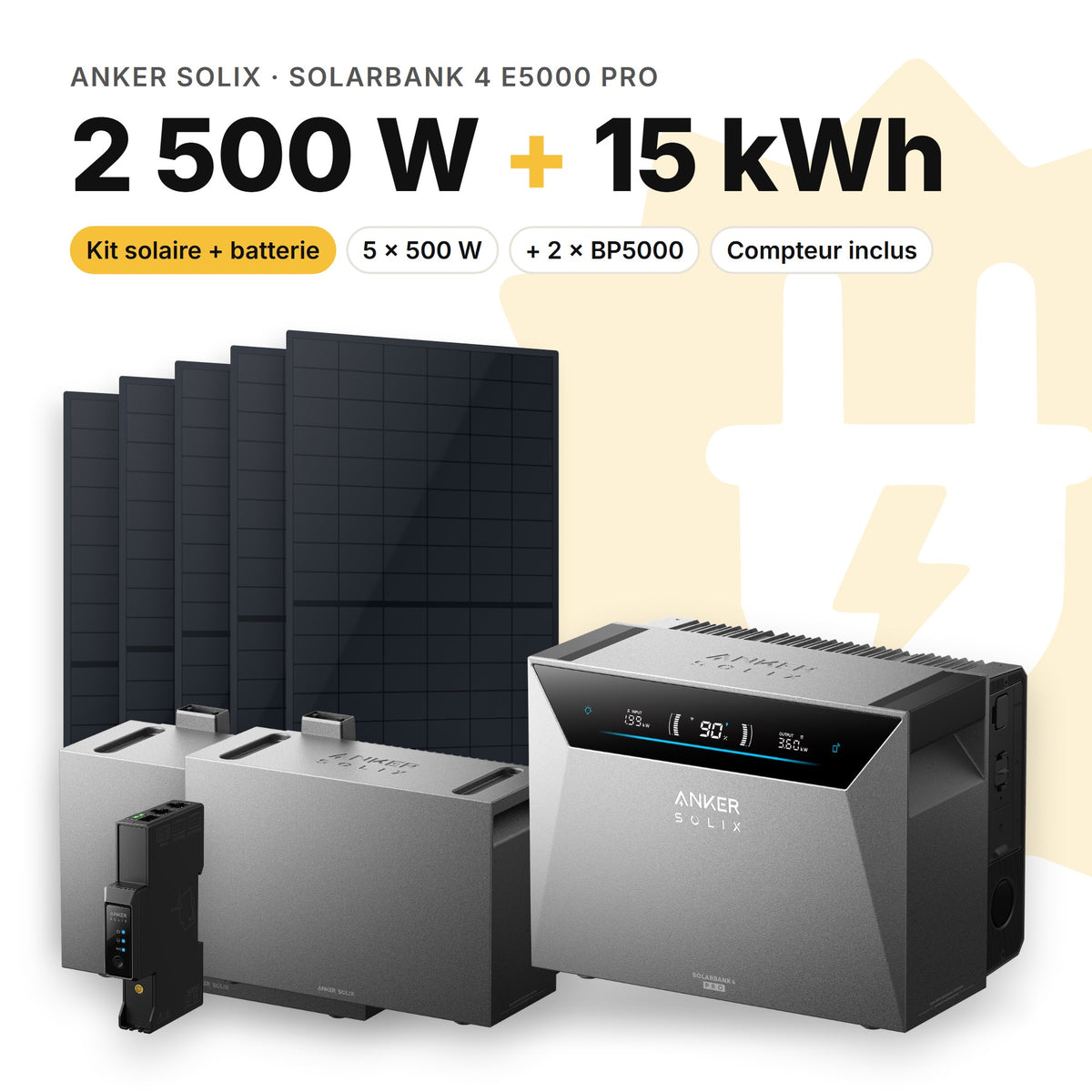 ANKER SOLIX Kit solaire avec batterie Anker SOLIX Solarbank 4 E5000 Pro 2 500 W (5 panneaux) 2 × BP5000 (15 kWh au total)