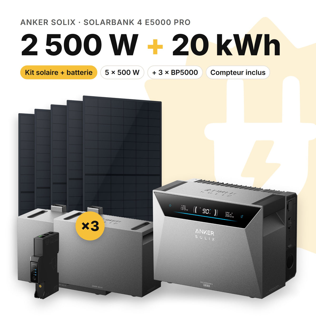 ANKER SOLIX Kit solaire avec batterie Anker SOLIX Solarbank 4 E5000 Pro 2 500 W (5 panneaux) 3 × BP5000 (20 kWh au total)