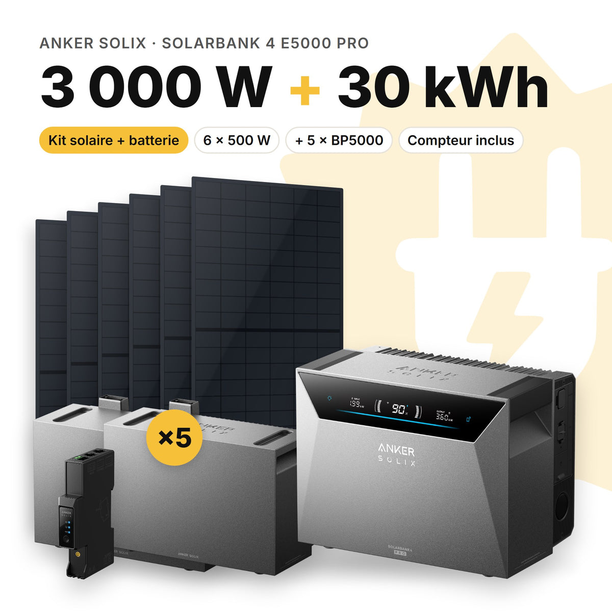 ANKER SOLIX Kit solaire avec batterie Anker SOLIX Solarbank 4 E5000 Pro 3 000 W (6 panneaux) 5 × BP5000 (30 kWh au total)