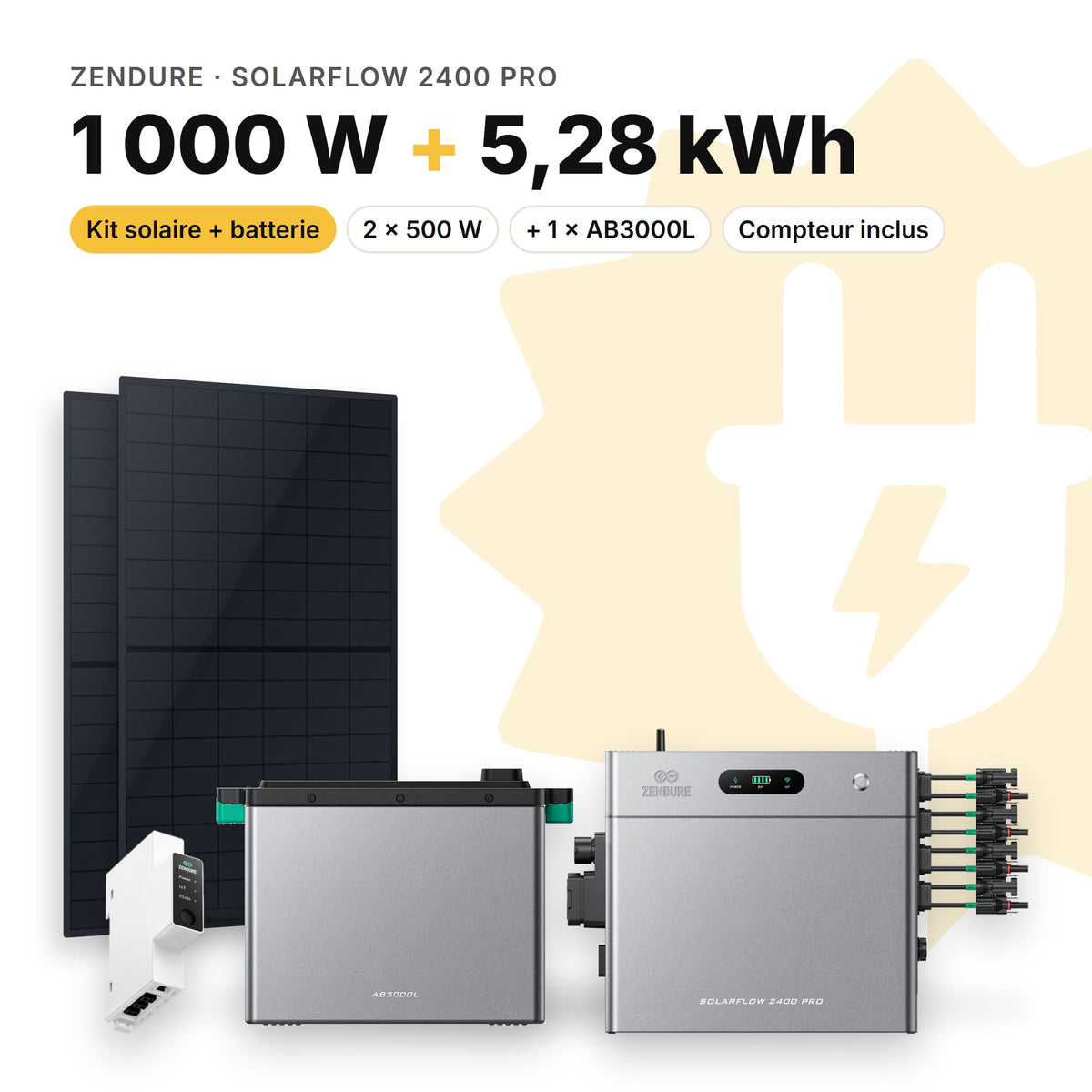 ZENDURE Kit solaire avec batterie Zendure SolarFlow 2400 Pro 1 000 W (2 panneaux) 1 × AB3000L (5,28 kWh au total)