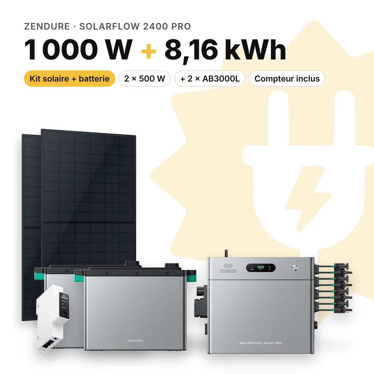 ZENDURE Kit solaire avec batterie Zendure SolarFlow 2400 Pro 1 000 W (2 panneaux) 2 × AB3000L (8,16 kWh au total)