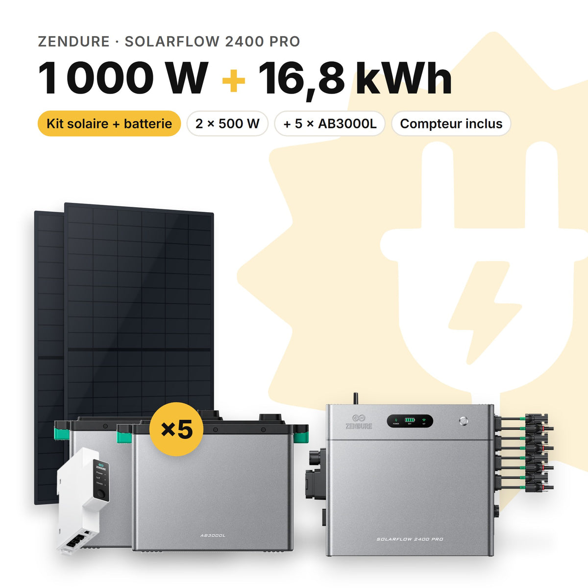 ZENDURE Kit solaire avec batterie Zendure SolarFlow 2400 Pro 1 000 W (2 panneaux) 5 × AB3000L (16,8 kWh au total)