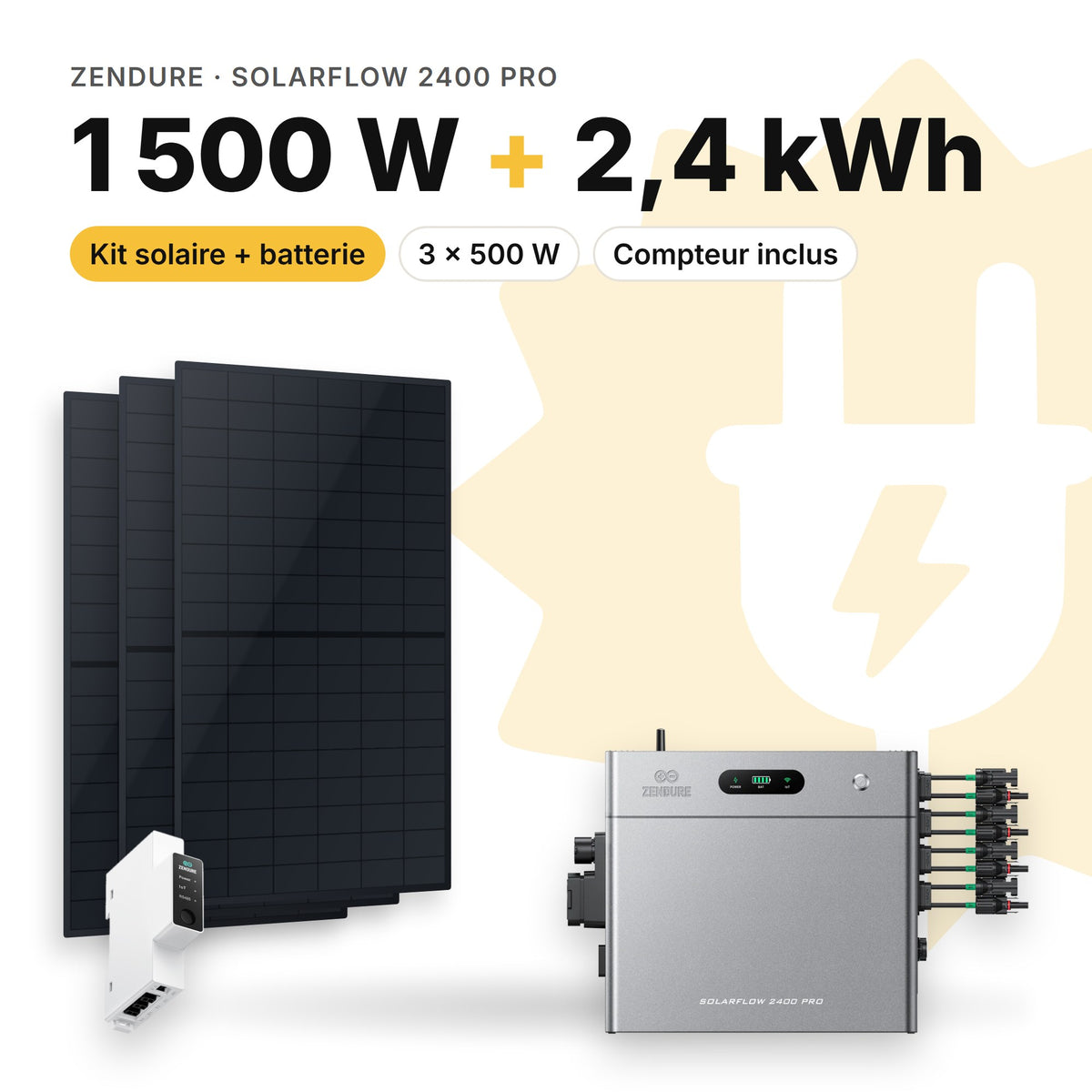 ZENDURE Kit solaire avec batterie Zendure SolarFlow 2400 Pro 1 500 W (3 panneaux) Sans (2,4 kWh au total)