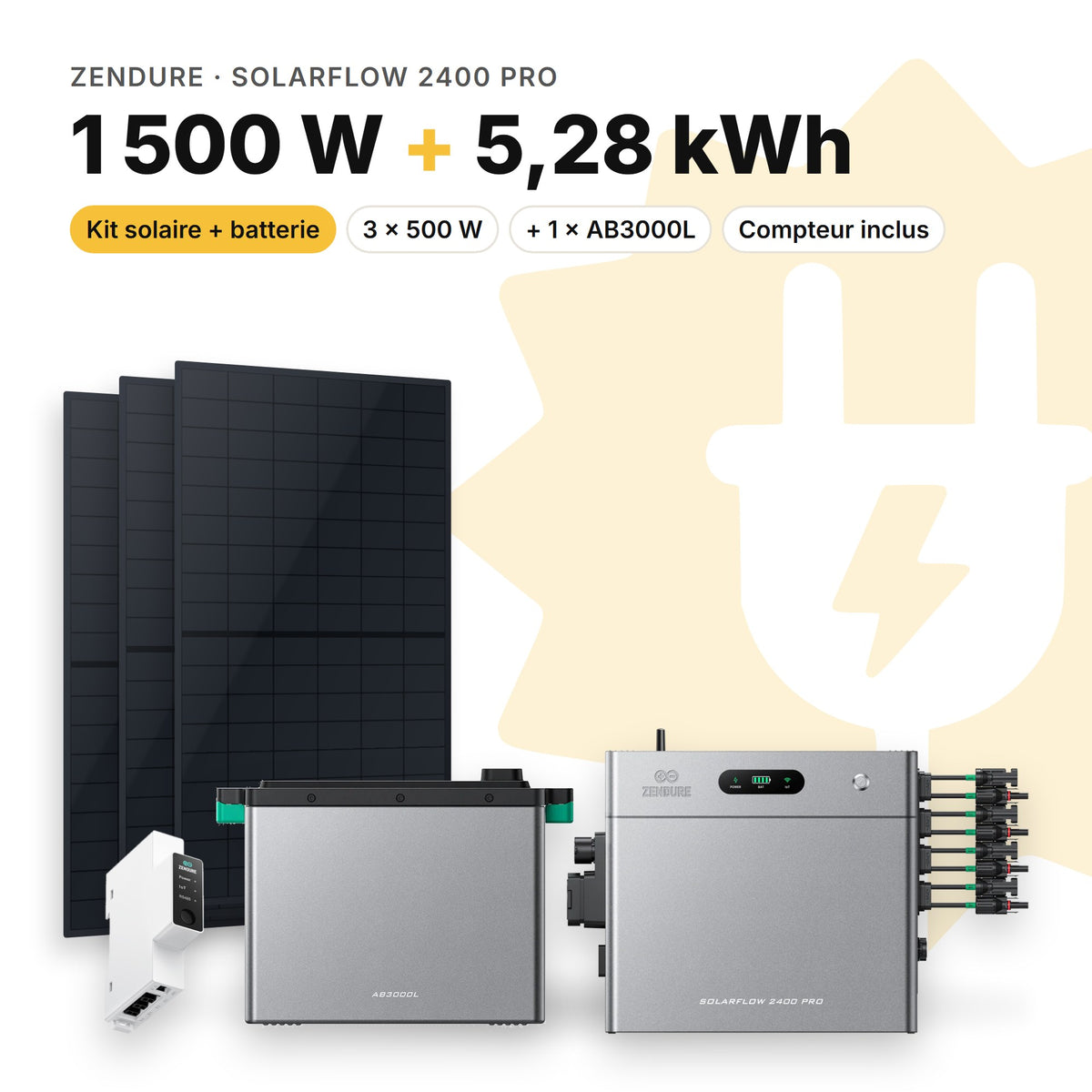 ZENDURE Kit solaire avec batterie Zendure SolarFlow 2400 Pro 1 500 W (3 panneaux) 1 × AB3000L (5,28 kWh au total)