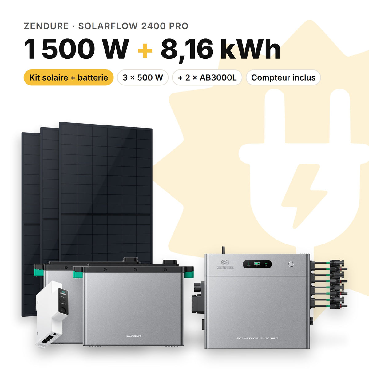ZENDURE Kit solaire avec batterie Zendure SolarFlow 2400 Pro 1 500 W (3 panneaux) 2 × AB3000L (8,16 kWh au total)