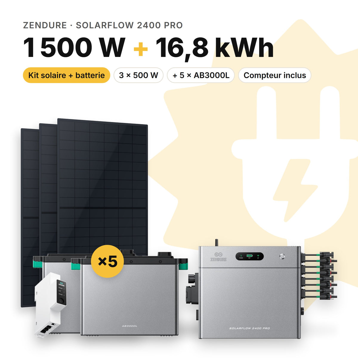 ZENDURE Kit solaire avec batterie Zendure SolarFlow 2400 Pro 1 500 W (3 panneaux) 5 × AB3000L (16,8 kWh au total)