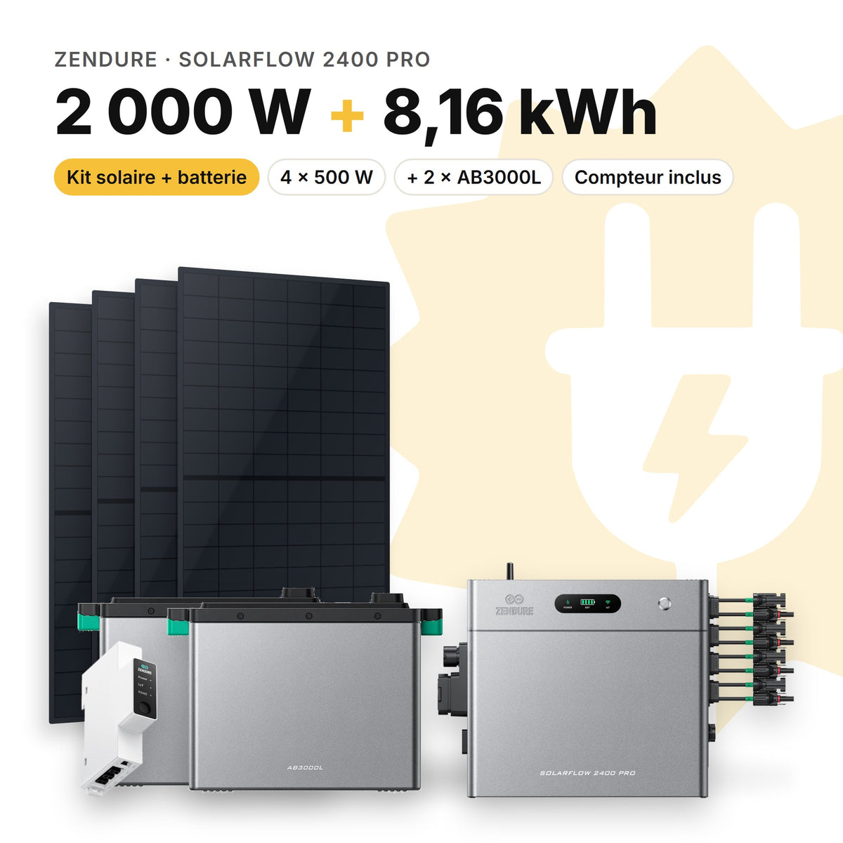 ZENDURE Kit solaire avec batterie Zendure SolarFlow 2400 Pro 2 000 W (4 panneaux) 2 × AB3000L (8,16 kWh au total)