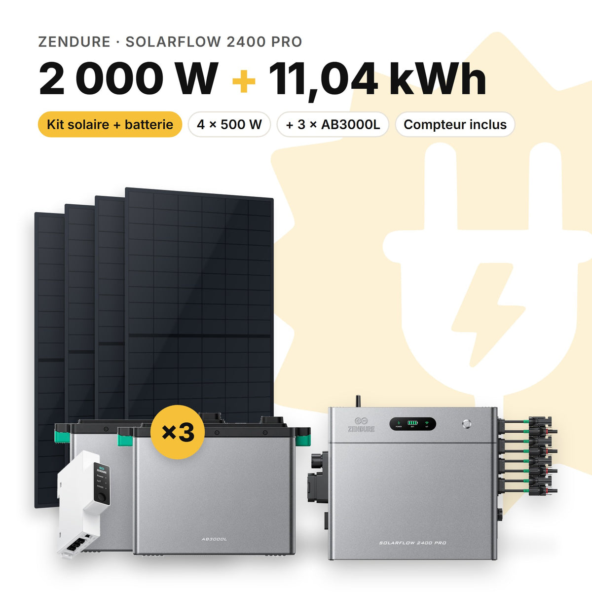 ZENDURE Kit solaire avec batterie Zendure SolarFlow 2400 Pro 2 000 W (4 panneaux) 3 × AB3000L (11,04 kWh au total)
