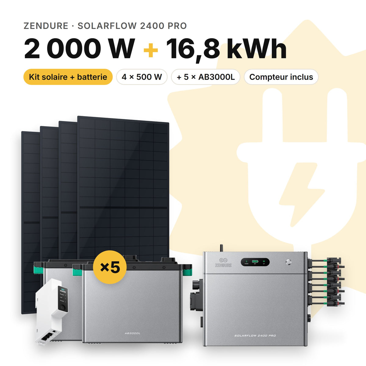 ZENDURE Kit solaire avec batterie Zendure SolarFlow 2400 Pro 2 000 W (4 panneaux) 5 × AB3000L (16,8 kWh au total)
