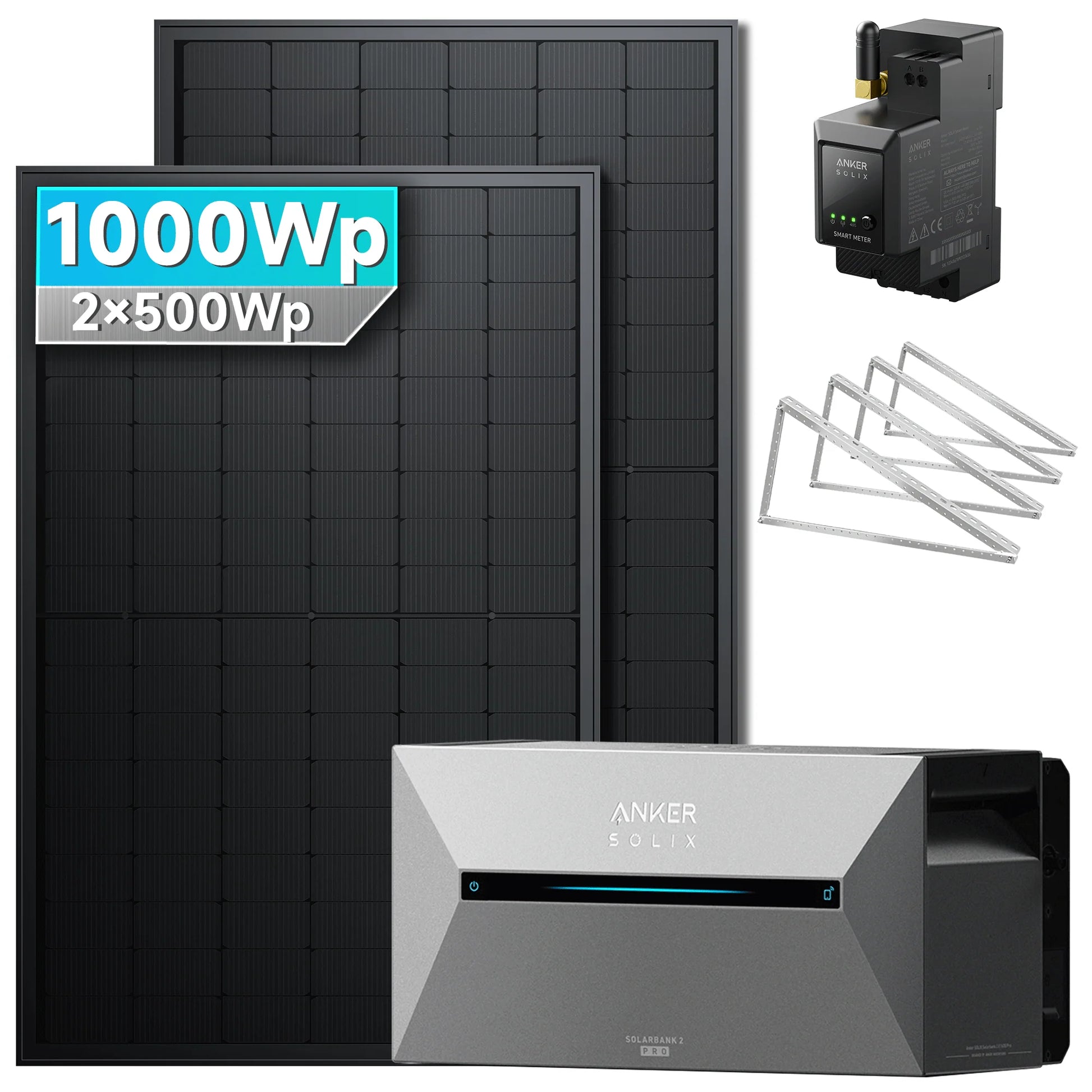 ANKER SOLIX Système de stockage d'énergie solaire Anker SOLIX Solarbank 2 E1600 Pro pour balcon, avec module solaire de 500 Wc 1000Wc – 2 Modules Sans batterie d'extension Toit plat Jardin Mur