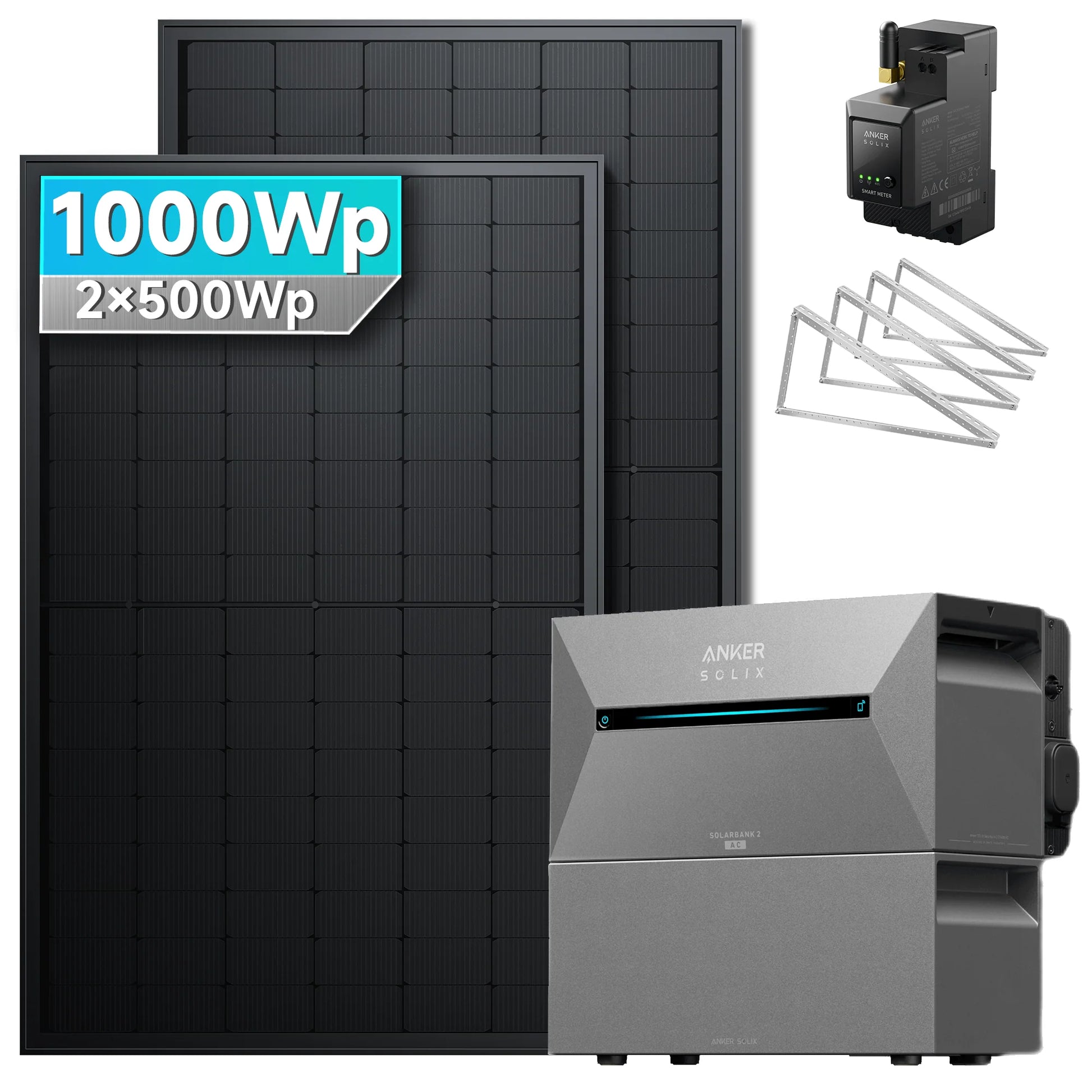 ANKER SOLIX Système de stockage d'énergie solaire Anker SOLIX Solarbank 2 E1600 Pro pour balcon, avec module solaire de 500 Wc 1000Wc – 2 Modules 1x BP2700 Toit plat Jardin Mur