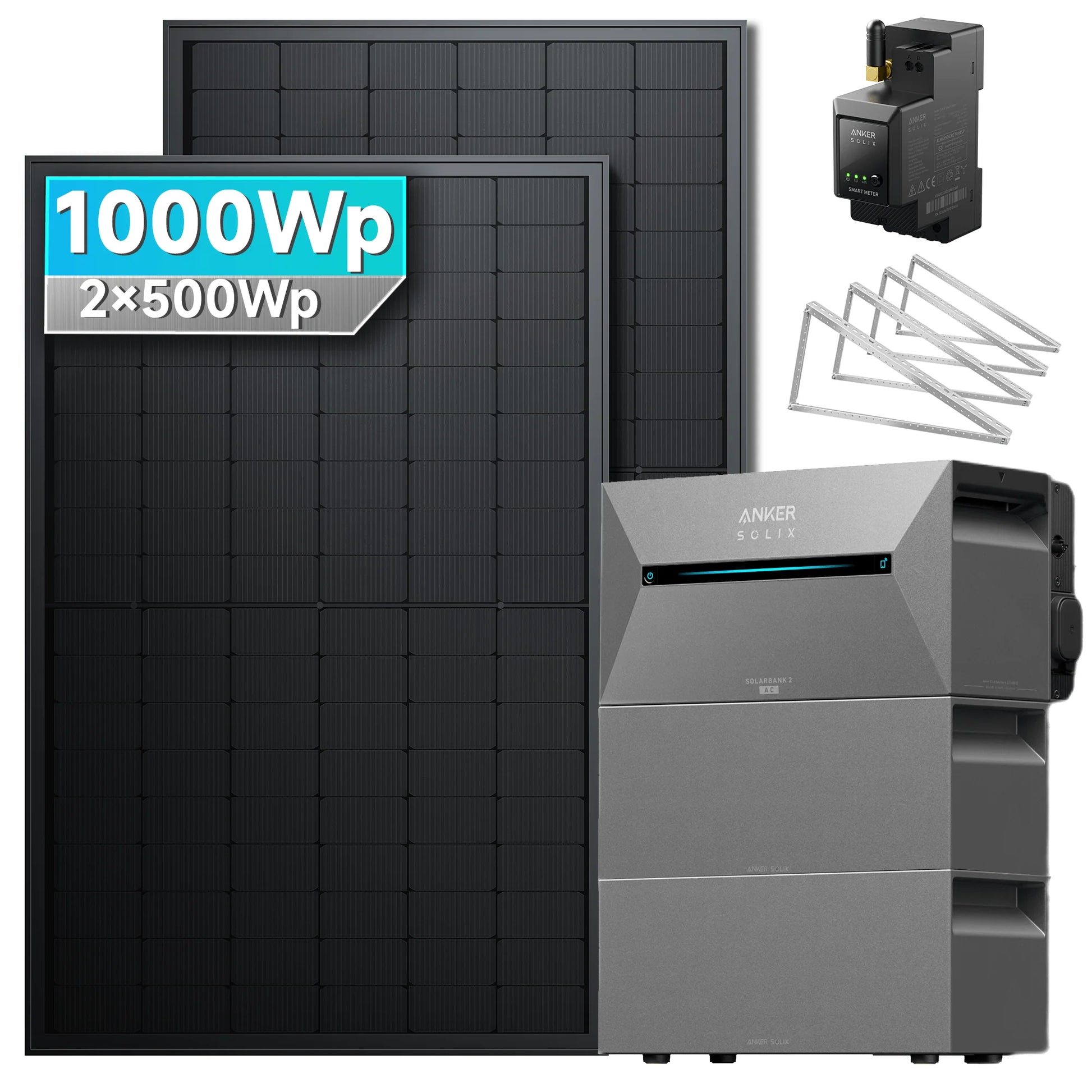ANKER SOLIX Système de stockage d'énergie solaire Anker SOLIX Solarbank 2 E1600 Pro pour balcon, avec module solaire de 500 Wc 1000Wc – 2 Modules 2x BP2700 Toit plat Jardin Mur