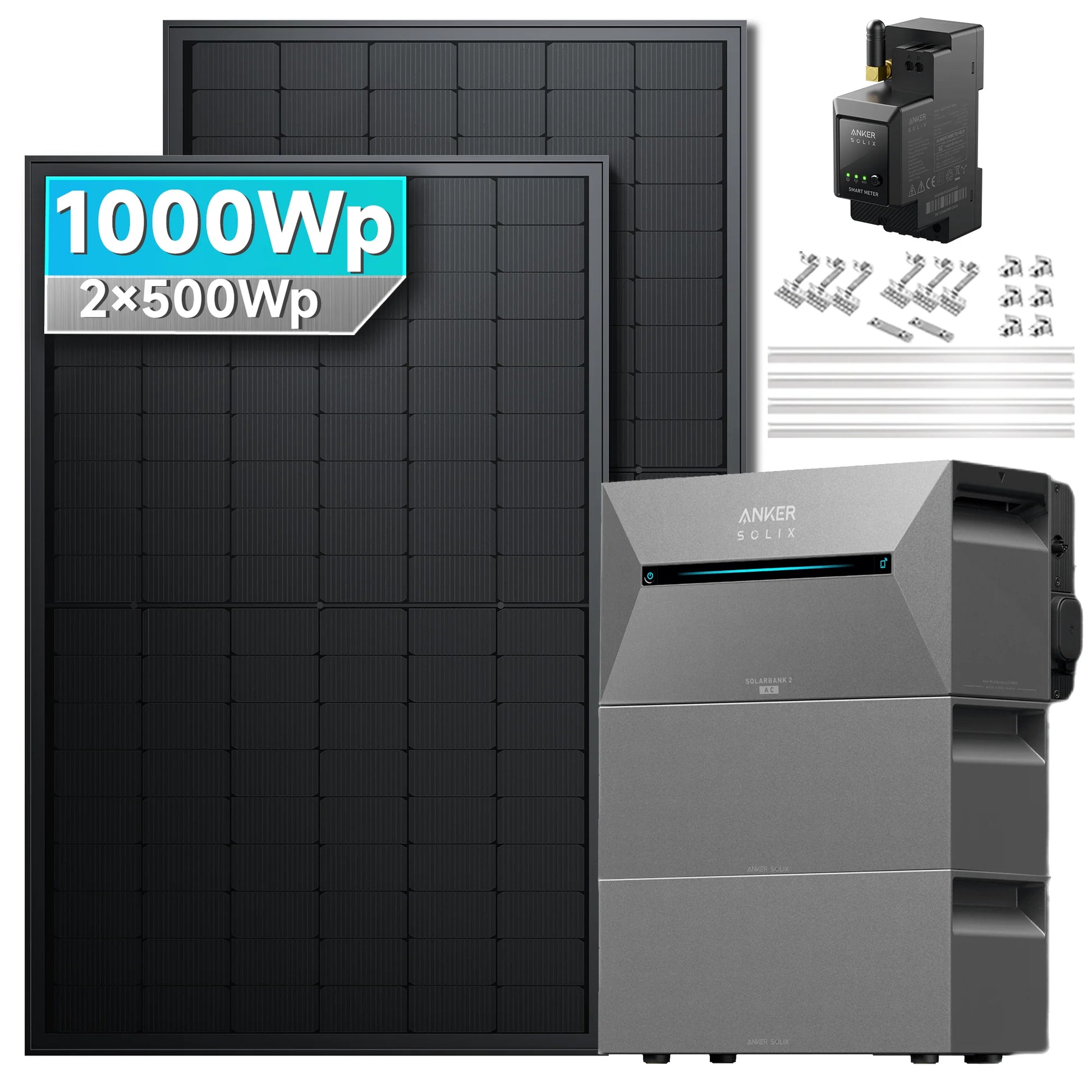 ANKER SOLIX Système de stockage d'énergie solaire Anker SOLIX Solarbank 2 E1600 Pro pour balcon, avec module solaire de 500 Wc 1000Wc – 2 Modules 2x BP2700 Ziegeldach